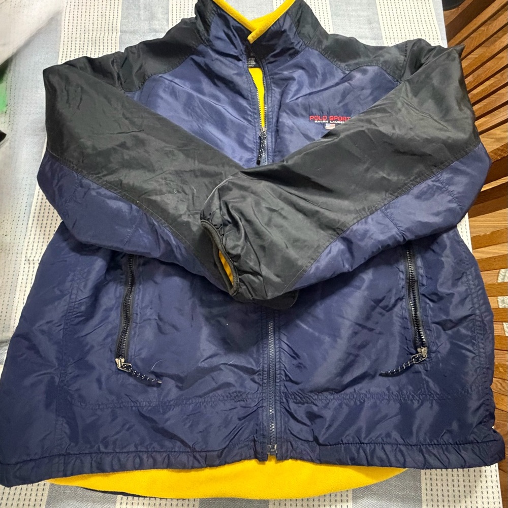 VINTAGE Polo by Ralph Lauren Men's Navy Windbreaker Jacket with Fleece Lining